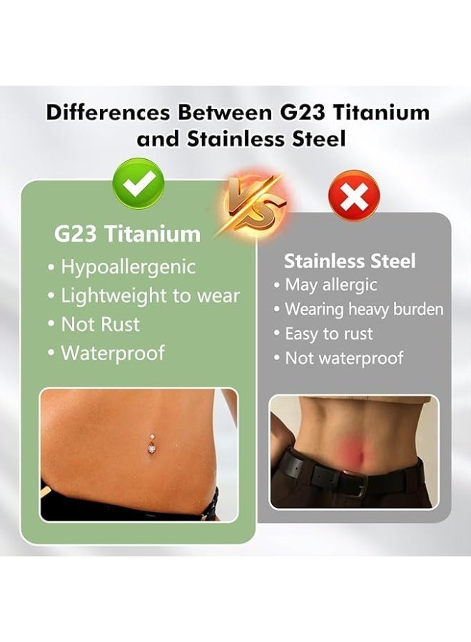 مسمار سرة من سبائك التيتانيوم G23، خالٍ بنسبة 100٪ من النيكل والرصاص، مضاد للحساسية ومقاوم للتآكل، مناسب للثقوب الجديدة والبشرة الحساسة. المادة خفيفة الوزن للغاية، نصف وزن الفولاذ، مريحة للارتداء لفترات طويلة، ويمكن ارتداؤها أثناء النوم. الزركونيا المثبتة بالمخلب تتلألأ وتجذب الأنظار، الحجم القياسي 14G يبقى ثابتًا ولا ينزلق. مثالي لملابس السباحة والملابس اليومية، يوازن بين أمان الشفاء والأسلوب الشخصي، خيار ممتاز لعشاق ثقب الجسم. - Image 5